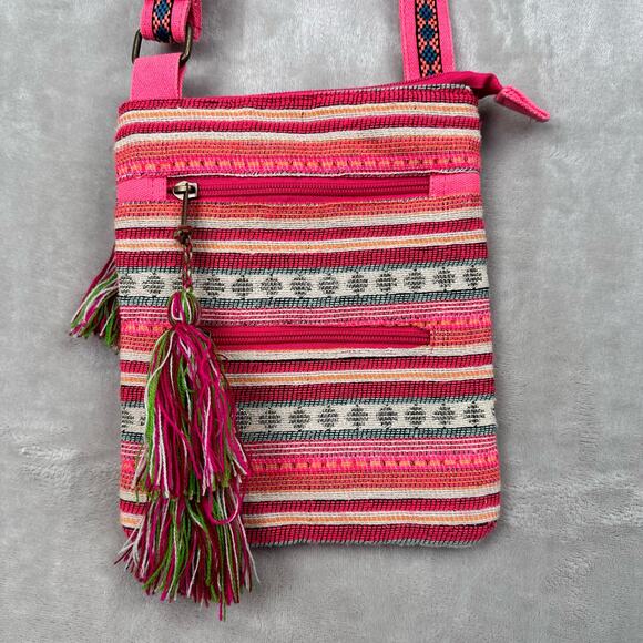 America And Beyond Crossbody Purse Pink Striped Embroidered Tassel Boho Festival - Picture 2 of 12